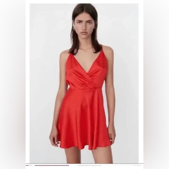 Zara red black polka dot satin silk effect open back mini flare dress size small - Picture 2 of 8